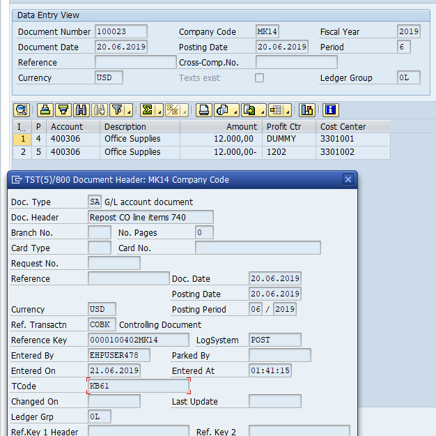 Automatic transfer entry posted by CO-FI reconciliation