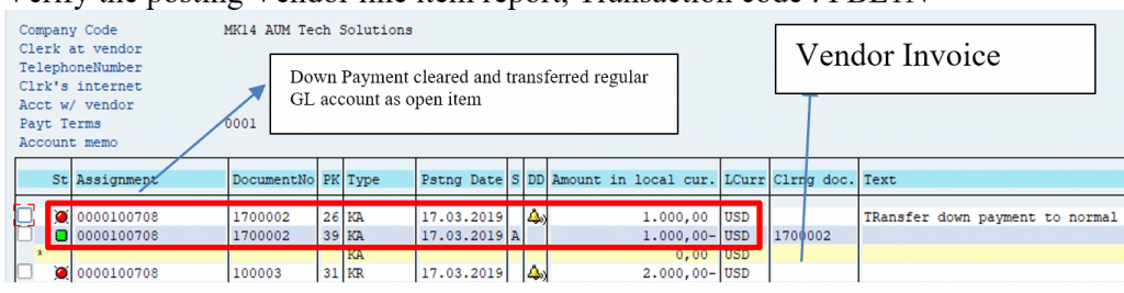 Verify Down Payment in vendor line item report