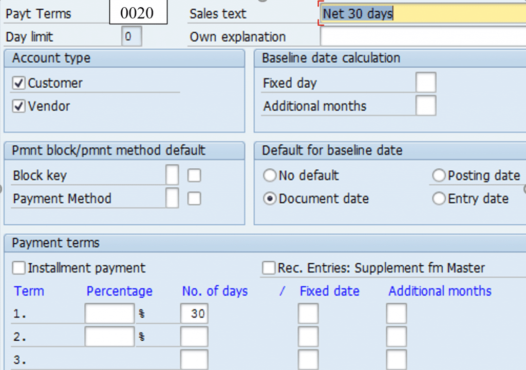 Maintain Terms of payment for vendor