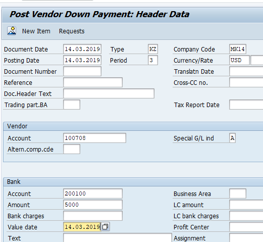 Post Vendor Down Payment