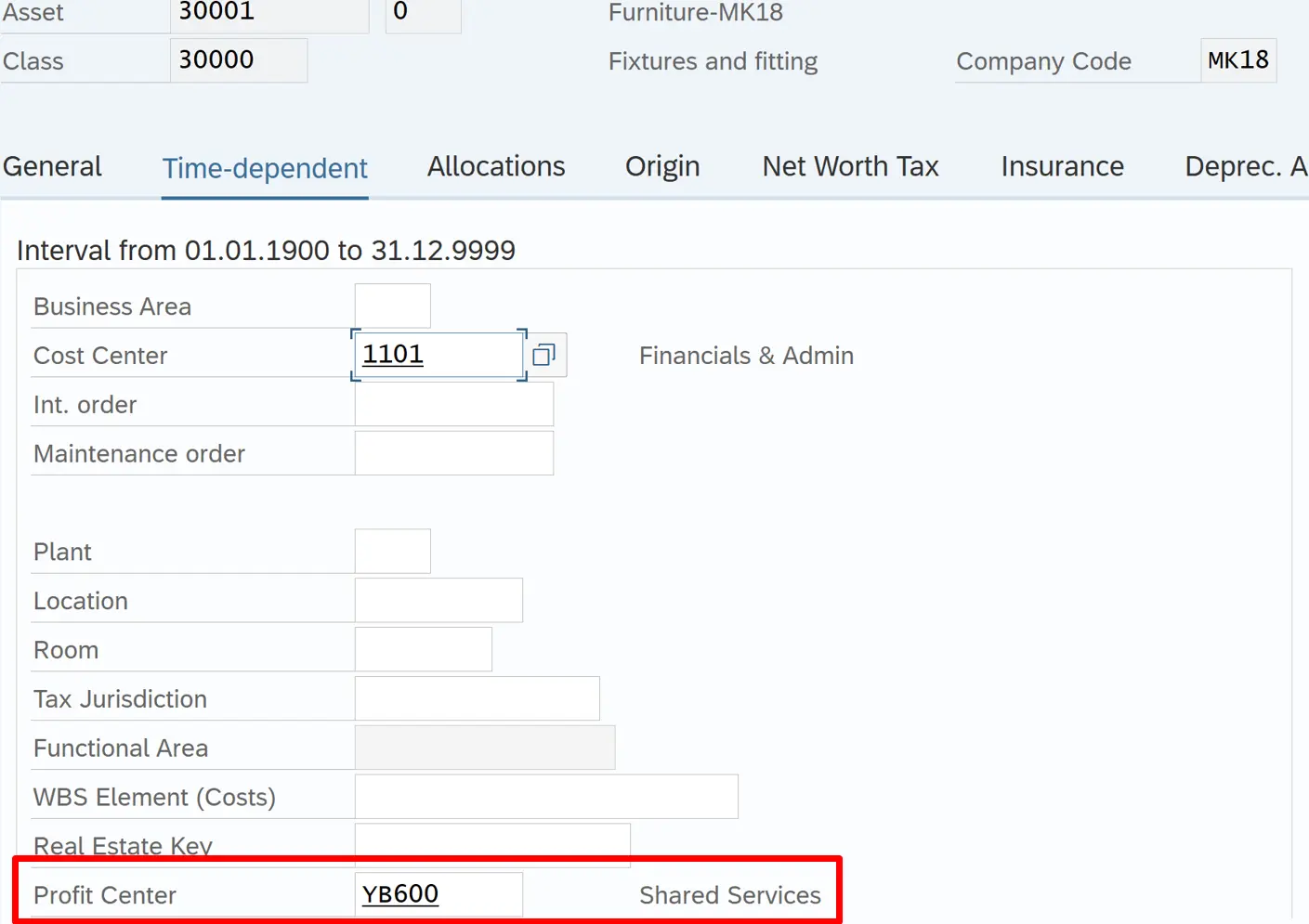 Profit Center Assignment in Asset Master