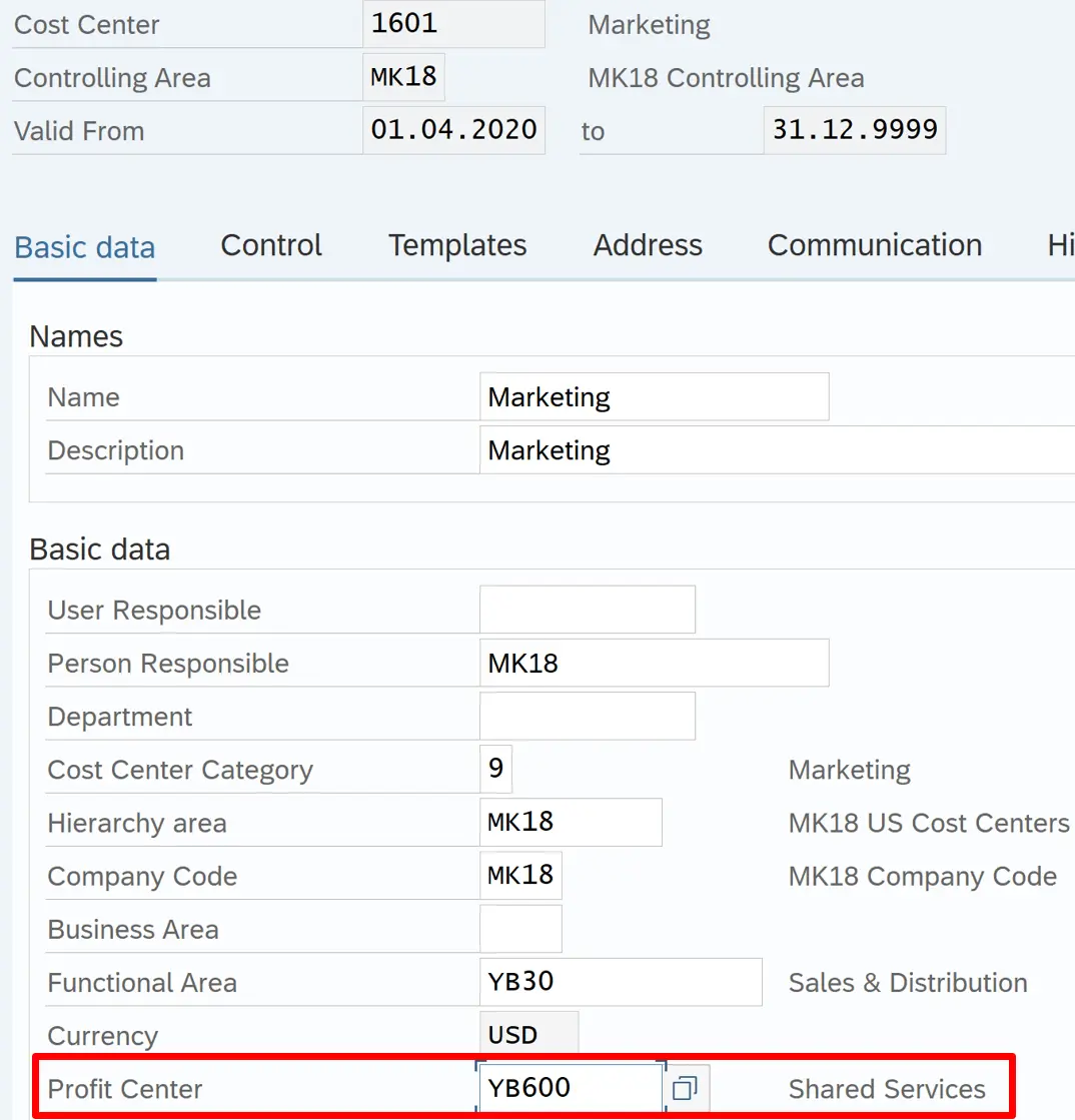 Profit Center in Cost Center master data