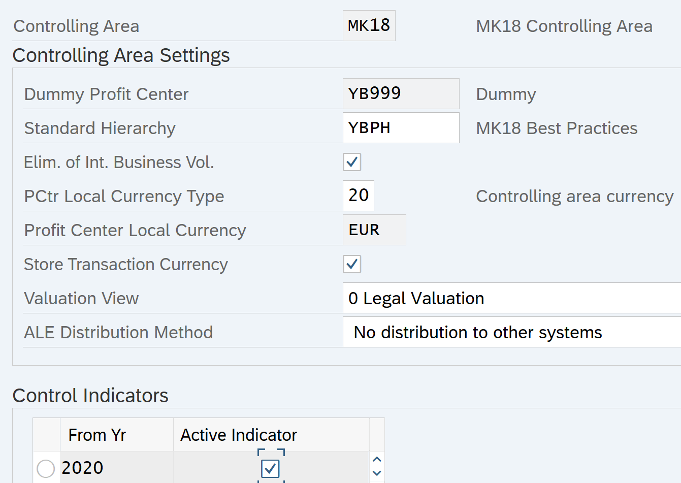 Maintain controlling area settings for Profit center