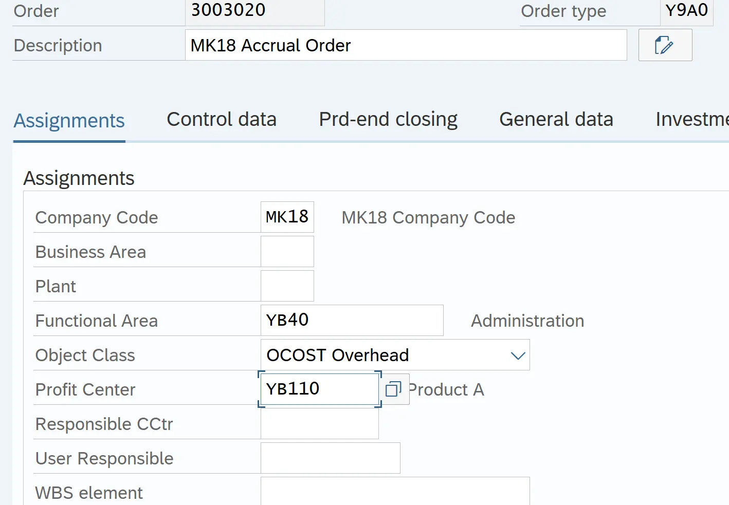 SAP Internal Order